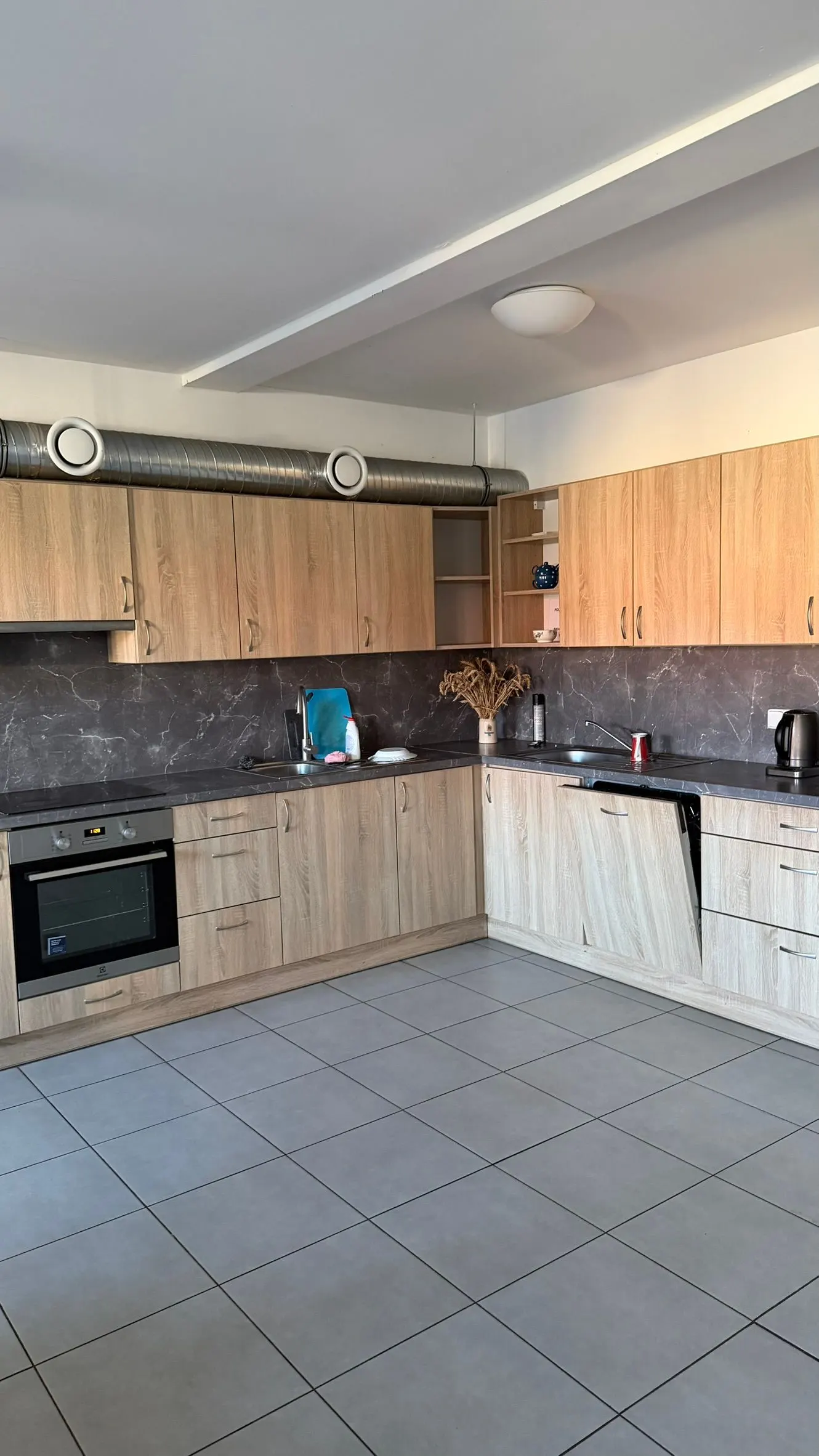 Обладнана кухня з духовкою, плитою й посудомийкою
